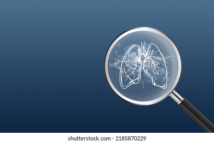 Healthcare Hospital Service Concept, Using Intelligence Software Of Innovative Medical Technology, 3D Rendering Of A Lungs Hologram Inside A Magnifying Glass Medical Services.