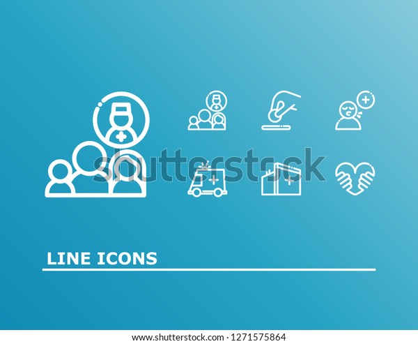 Healthcare icon set and hug love with donate\
money, medical care and breath flu. First aid car related\
healthcare icon  for web UI logo\
design.
