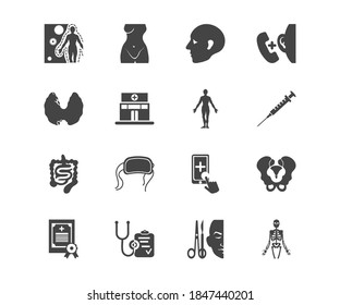 Healthcare Icon Set And Medical License With Skeleton, Face Mask And Intestine. Digestive Related Healthcare Icon For Web UI Logo Design.