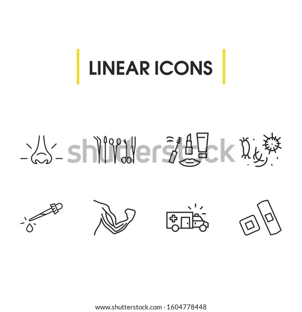 Healthcare icons set with plaster,\
ambulance and dropper elements. Set of healthcare icons and\
cosmetics concept. Editable elements for logo app UI\
design.