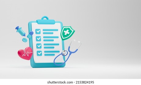 Healthcare medical doctor stethoscope heartbeat clipboard health checkup insurance report service icons.3d rendering.