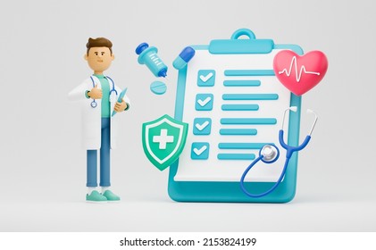 Healthcare Medical Doctor Stethoscope Heartbeat Clipboard Health Checkup Insurance Report Service Icons.3d Rendering.
