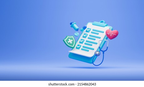 Healthcare Medical Doctor Stethoscope Heartbeat Clipboard Health Checkup Insurance Report Service Icons.3d Rendering.
