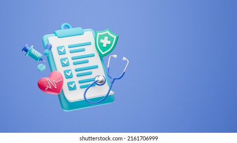 Healthcare Medical Doctor Stethoscope Heartbeat Clipboard Health Checkup Insurance Report Service Icons.3d Rendering.
