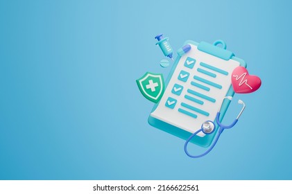 Healthcare Medical Doctor Stethoscope Heartbeat Clipboard Health Checkup Insurance Report Service Icons.3d Rendering.