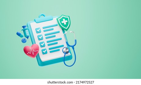 Healthcare medical doctor stethoscope heartbeat clipboard health checkup insurance report service icons.3d rendering.