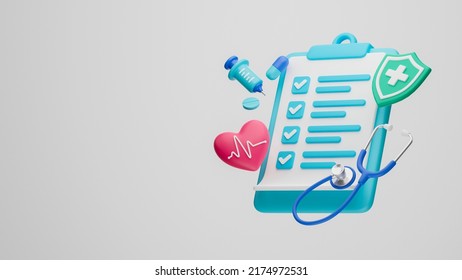 Healthcare Medical Doctor Stethoscope Heartbeat Clipboard Health Checkup Insurance Report Service Icons.3d Rendering.
