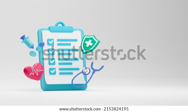 Healthcare\
medical doctor stethoscope heartbeat clipboard health checkup\
insurance report service icons.3d\
rendering.\
