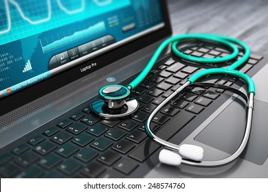 Healthcare, Medicine And Cardiology Tool Concept: Laptop Or Notebook Computer PC With Medical Cardiologic Diagnostic Test Software On Screen And Stethoscope On Black Wooden Business Office Table