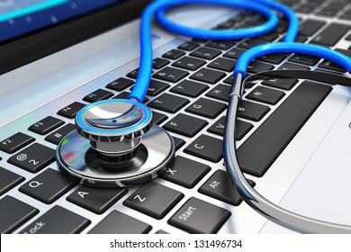 Healthcare And Medicine Or Computer Antivirus Protection And Repair Maintenance Service Concept: Macro View Of Blue Stethoscope On Business Office Laptop Notebook Keyboard With Selective Focus Effect