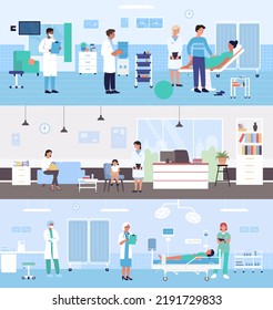 Healthcare Medicine Hospital Service Illustration Set. Cartoon Doctor Character Examining Pregnant Woman Patient In Medical Ward, Family With Kid Waiting Pediatrician Examination Background