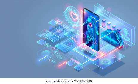 Healthcare and Medicine technology. Future medical tech. Online telemedicine. Medical video consultation with doctor through phone app. Remote Health diagnosis of man in digital clinic. Cardiology. - Powered by Shutterstock