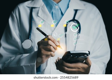 A healthcare professional in lab coat uses smartphone while taking notes. image conveys sense of modern medical practice and technology integration in healthcare - Powered by Shutterstock