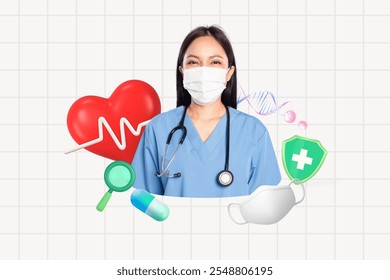 Healthcare professional in scrubs with stethoscope, mask, and medical icons like heart, shield, and pill. Focus on healthcare, medical, and professional themes. Healthcare mixed media. - Powered by Shutterstock