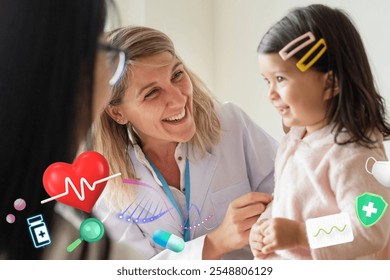 A healthcare professional smiling at a young child. Medical icons like a heart, pill, and DNA surround them, emphasizing healthcare and child care themes. Healthcare for children mixed media. - Powered by Shutterstock