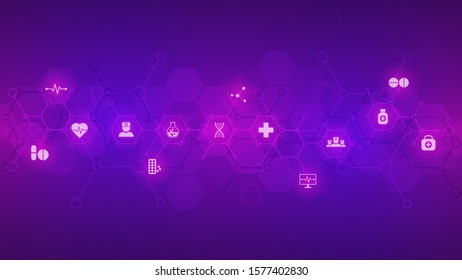 Healthcare And Technology Concept With Flat Icons And Symbols. Template Design For Health Care Business, Innovation Medicine, Science Background, Medical Research