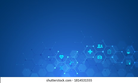 Healthcare And Technology Concept With Flat Icons And Symbols. Template Design For Health Care Business, Innovation Medicine, Science Background, Medical Research.