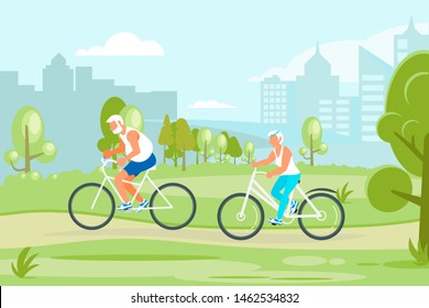 Healthy active lifestyle retiree for grandparents. Elderly people characters cycling in the city park. Grandparents family Seniors isolated. Flat Art Rastered Copy - Powered by Shutterstock