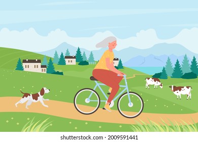 Healthy Active Lifestyle For Senior People Illustration. Cartoon Old Woman Cyclist Character Riding Bicycle Bike, Older Rider Lady Cycling On Rural Road In Summer Village Landscape Background