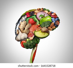 Healthy Brain Food To Boost Brainpower Nutrition Concept As A Group Of Nutritious Nuts Fish Vegetables And Berries Rich In Omega-3 Fatty Acids For Mind Health With 3D Illustration Elements.