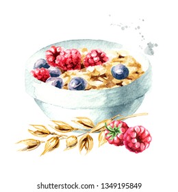 Healthy breakfast. Oat flakes muesli with raspberries and blueberries. Watercolor hand drawn illustration  isolated on white background - Powered by Shutterstock