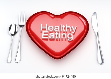 Healthy Eating Concept, Heart Shaped Plate With Eating Utensils On A White Background.