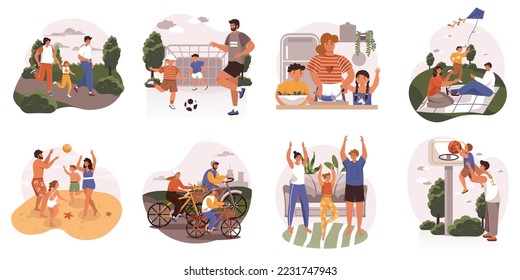 Healthy families web concept in flat design. Parents and children pastime together, running, playing ball, riding bicycles, doing yoga, cooking and rest at picnic modern scene. - Powered by Shutterstock