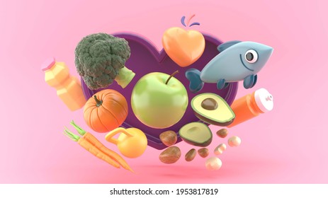 Healthy food on a pink background.-3d rendering.