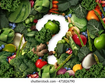 Healthy food questions as a concept for green diet as a group of fresh fruit vegetables nuts beans in the shape of a question mark as a symbol of high fiber eating in a 3D illustration style. - Powered by Shutterstock