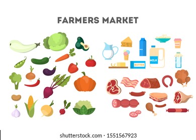 Healthy food set. Colletion of dairy products and vegetables. Organic food from farm. Meat, bottle with milk, cheese and corn. Isolated  cartoon illustration - Powered by Shutterstock