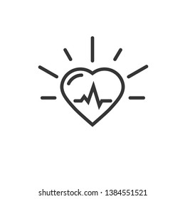 Healthy Heart Beating Icon, Line Outline Art Heart Symbol With Pulse Cardiogram Isolated On White Background Image