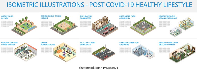 Healthy Lifestyle Collection. Vegan Food, Home Exercise, Yoga In Park, Tai Chi In Park, Home Cooking, Healthy Organic Super Market, Healthy Commute, Fitness Center. Isometric.