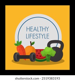 Healthy lifestyle concept. Fitness and diet banner design with food and sport equipment. illustration - Powered by Shutterstock