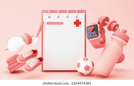 Healthy lifestyle, gadget heart rate and sport concept. insurance concept tester set with athlete's equipment; measuring tape, dumbbell and water can on bright pink pastel background. 3d rendering