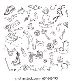 Healthy lifestyle hand drawn set. Collection doodle objects with fitness, sport, fruit, yoga symbols. Contour illustrations
