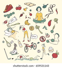 Healthy lifestyle hand drawn set. . Collection colorful doodle illustrations with fitness, sport, fruit, yoga symbols.