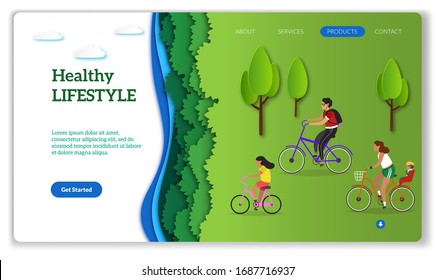 Healthy Lifestyle Page. Active Diverse Happy Family In Green Recreation Park Together Outdoors For Web Internet Landing Nature Biking Forest Website Concept