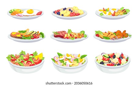 Healthy Meal. Breakfast, Lunch, Salad And Dinner Menu. Oatmeal With Fruit. Balanced Diet With Vegetables, Eggs, Meat And Seafood,  Set. Illustration Lunch Dinner, Breakfast With Vegetables