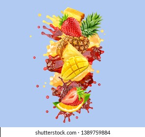 Healthy orange, strawberry, pineapple, mango fruit juices or smoothie mix liquid splashes. Fruits juice mix splashing together - orange, mango, pineapple, strawberry juice splashes. Clipping path. 3D - Powered by Shutterstock