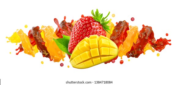 Healthy srawberry and mango fruit juices mix liquid swirls splashes. Fruits juice splashing together - mango, strawberry juice in two wave swirls form. Liquid drink label design. Clipping path. 3D