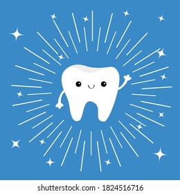 Healthy tooth icon. Smiling face. Round line circle. Oral dental hygiene. Children teeth care. Cute kawaii character. Shining effect sparkle stars. Blue background. Isolated. Flat design.