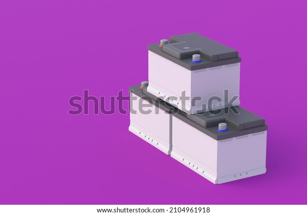 Heap of 12 V auto batteries on purple background.\
Battery capacity. Replacement of automotive parts. Copy space. 3d\
render