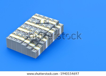 Heap of american dollars. Stack of money on blue background. Copy space. 3d rendering
