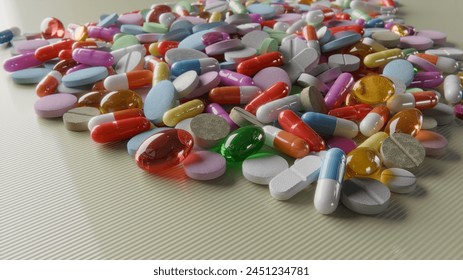 Heap of assorted pills with different shape, size and colour on plastic table