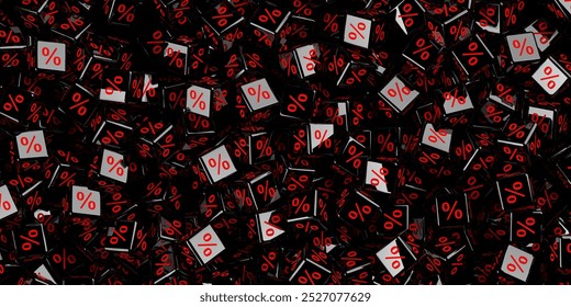 Heap of black cubes or dice with percent sign symbol, black friday sale, discount or sales price reduction concept background, flat lay top view from above, 3D illustration - Powered by Shutterstock