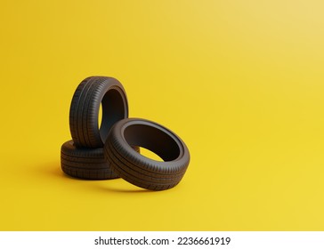 Heap of car rubber tyres on yellow background. Concept of changing tires for seasonal, using tires on snow, ice. Replacing tires with summer or winter. 3D render 3D illustration - Powered by Shutterstock