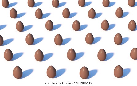 Heap of Chocolate Easter Eggs on light tones Background with same shadows. Abstract Happy Easter Background in Pop Art Style. 3D Rendering