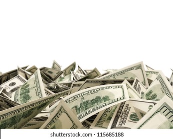 Heap of Dollar Bills isolated on white background with place for your text