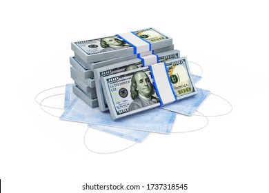 Heap Of Dollar Bills With Medical Mask Isolated On White Background. Сoncept Of Making Money And Doing Business In The Context Of The Crisis Of A Coronavirus In The World. 3D Rendering