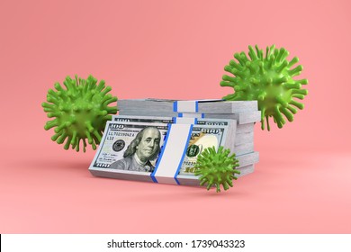 Heap Of Dollar Bills With Virus Cells On Pink Studio Background. Сoncept Of Making Money In The Context Of The Crisis Of A Coronavirus In The World. 3D Rendering